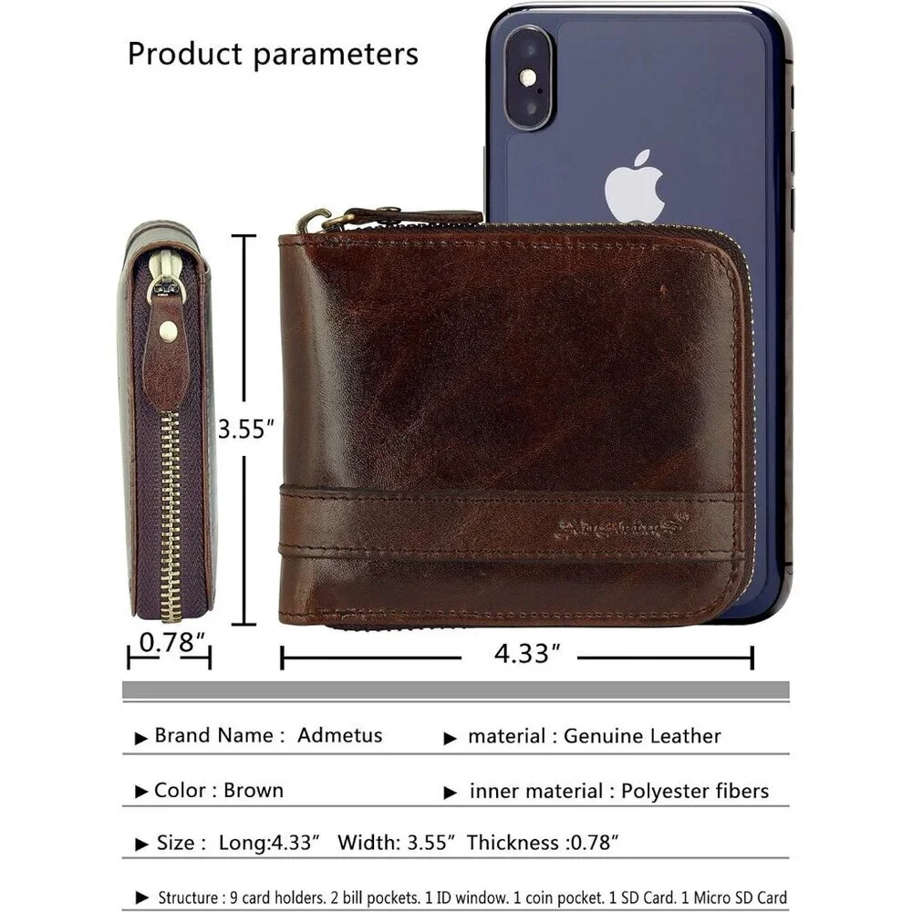 Men's Genuine Leather Brown181 Short Zip Around Pockets Bifold Wallet Card